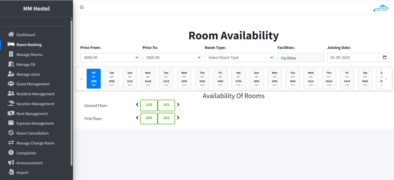 Hostel room availability interface with filters for price range, room type, facilities, and joining 
date, displaying available rooms on ground and first floors